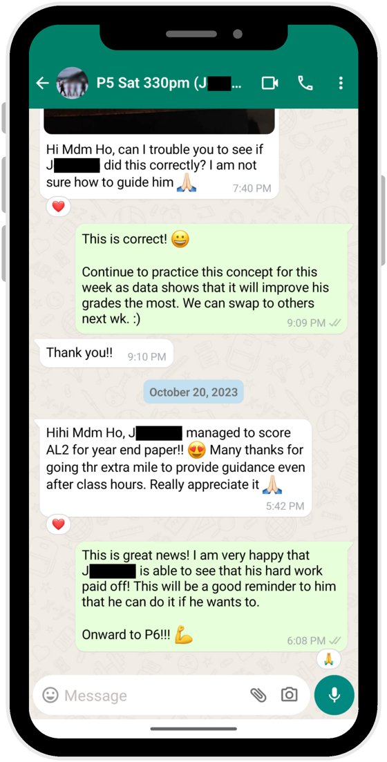 WhatsApp: parent shares their child scored AL2, thanks for guidance after class hours