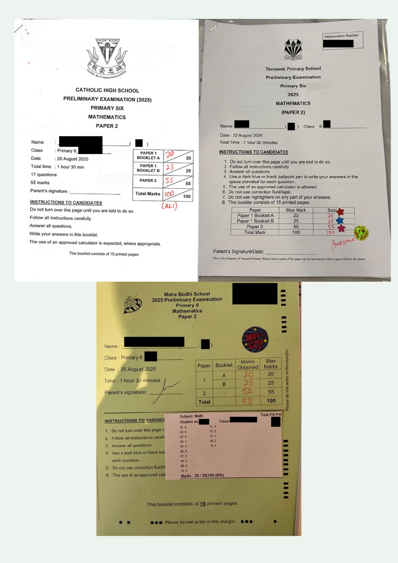 Real 2025 Prelim paper covers with scores, names redacted