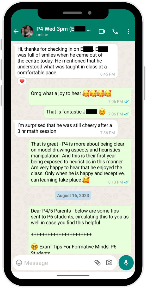 WhatsApp: parent shares child was full of smiles and cheery after a 3-hour math session