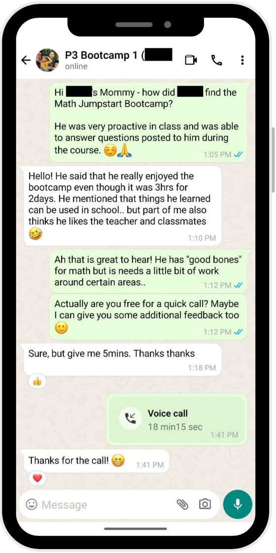 WhatsApp: parent notes child is more confident and asks to sign up for the regular term